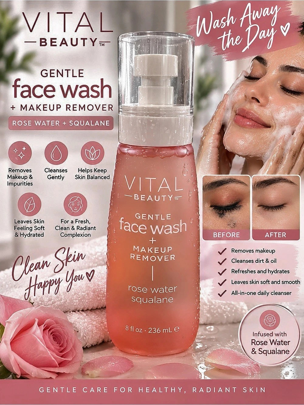 Vital Beauty Gentle Face Wash + Makeup Remover Rose Water & Squalane Cleanser